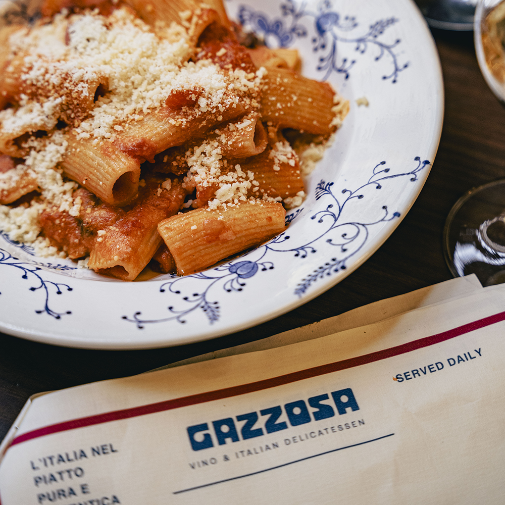 Gazzosa Italian Tomato Pasta plate and menu