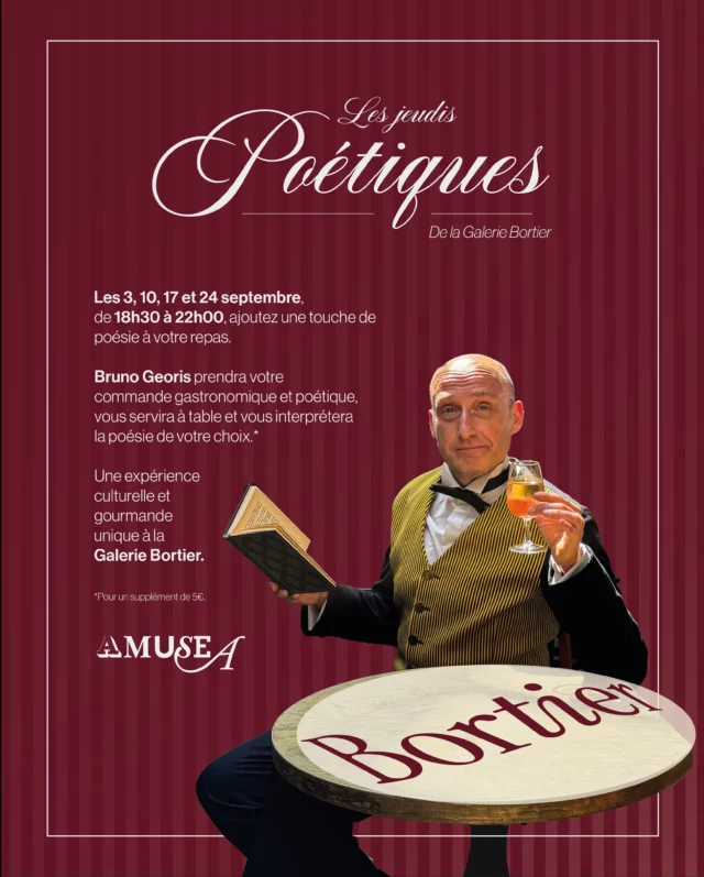 Mieux qu’une pizza devant Netfix? 

Offrez-vous le meilleur en choisissant vous-même ! 

Cuisine du monde en compagnie de Victor Hugo, Jacques Prevert, Jean de La Fontaine, Saint-Exupery ou Marcel Proust... Au choix à la carte. 

Ça commence ce soir à la Galerie Bortier avec @brunogeoris & @amusea.be ! 

Saveurs gastronomiques et littéraires garanties!